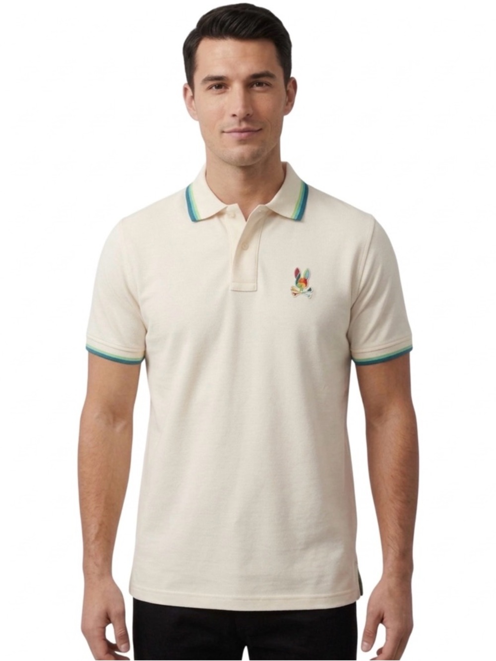 Psychobunny Cream Multi-Color Logo Polo Short Sleeve Tipping Detail - Size 6